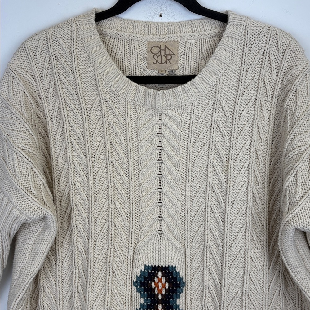 Chaser Cream Cable Knit Sweater Fringe Hem Boho Southwestern Size large - Picture 6 of 9